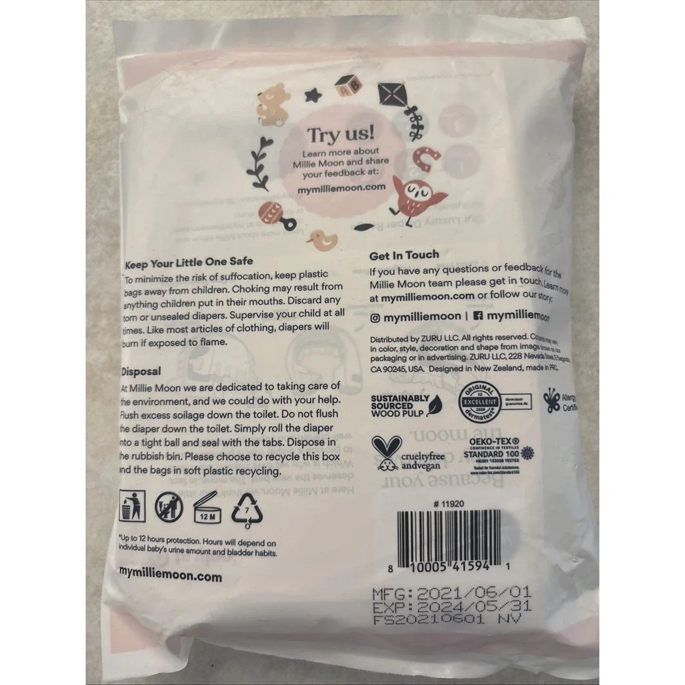 Millie Moon Diaper Sample Lot of 12 (2 Pack) Sz 1 6-11lbs Luxury Diaper Exp 5/24